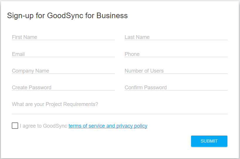 Screenshot displaying the sign-up form on the GoodSync Control Center
