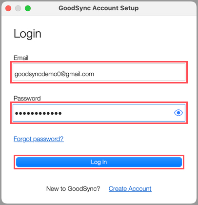 Demonstrating how to log in with an existing GoodSync Account in GoodSync for Mac
