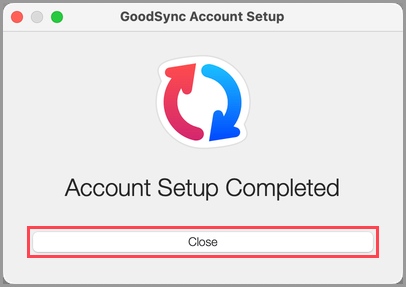 Screenshot confirming the completion of GoodSync Account Setup in GoodSync for Mac