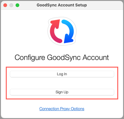 Screenshot of the GoodSync Account Setup window displaying options to log in with an existing GoodSync Account or create a new one