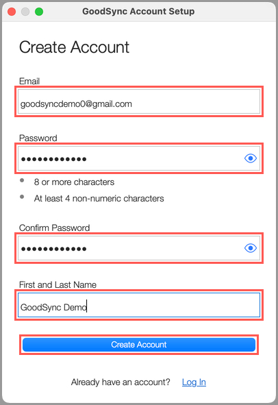 Demonstrating how to create a new GoodSync Account in GoodSync for Mac