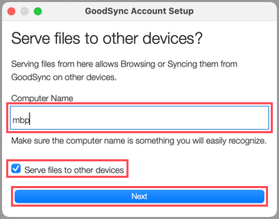 Showing how to configure the Computer Name and enable serving files to other devices during GoodSync Account Setup