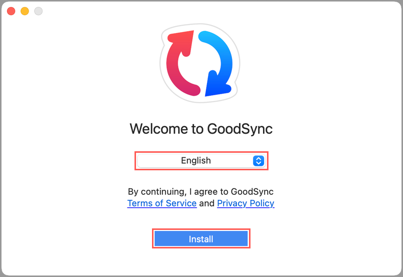Screenshot of the GoodSync for Mac installer showing how to select a language and initiate the installation process