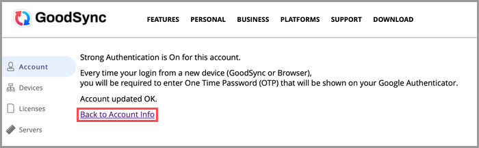 Screenshot showing the confirmation of enabling Strong Authentication using an Authenticator app in the GoodSync Account Web UI