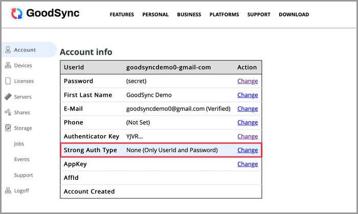 Screenshot illustrating how to change the 'Strong Auth Type' setting in the GoodSync Account Web UI