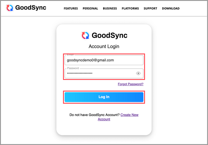 Screenshot showing the process to log into the GoodSync Account Web UI