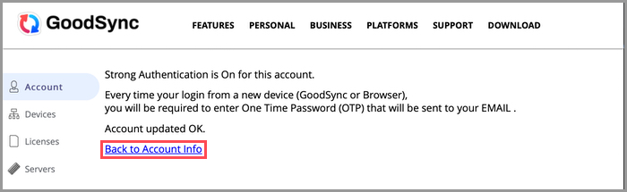 Screenshot showing the confirmation of enabling Strong Authentication via email in the GoodSync Account Web UI