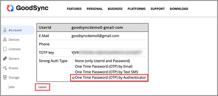 Screenshot demonstrating how to select and confirm the 'Strong Auth Type' option in the GoodSync Account Web UI