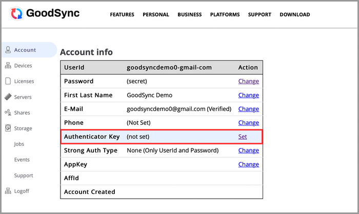 Screenshot illustrating how to set the Authenticator Key in the GoodSync Account Web UI