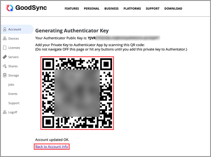 Screenshot displaying the Authenticator Key and its corresponding QR code for scanning with an Authenticator app