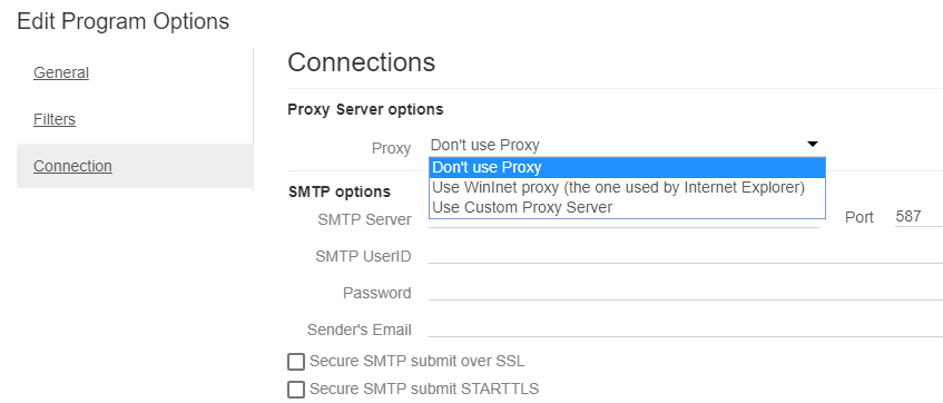 Screenshot demonstrating how to access SMTP and proxy settings within the 'Settings' section of the GoodSync Control Center