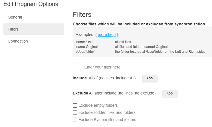 Screenshot demonstrating how to access global filter settings within the 'Settings' section of the GoodSync Control Center