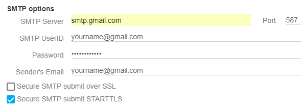 Screenshot demonstrating how to configure SMTP settings within the 'Settings' section of the GoodSync Control Center