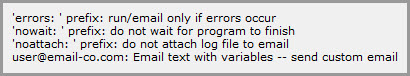 Illustrating command prefixes and examples of sending emails using the Scripts feature in GoodSync