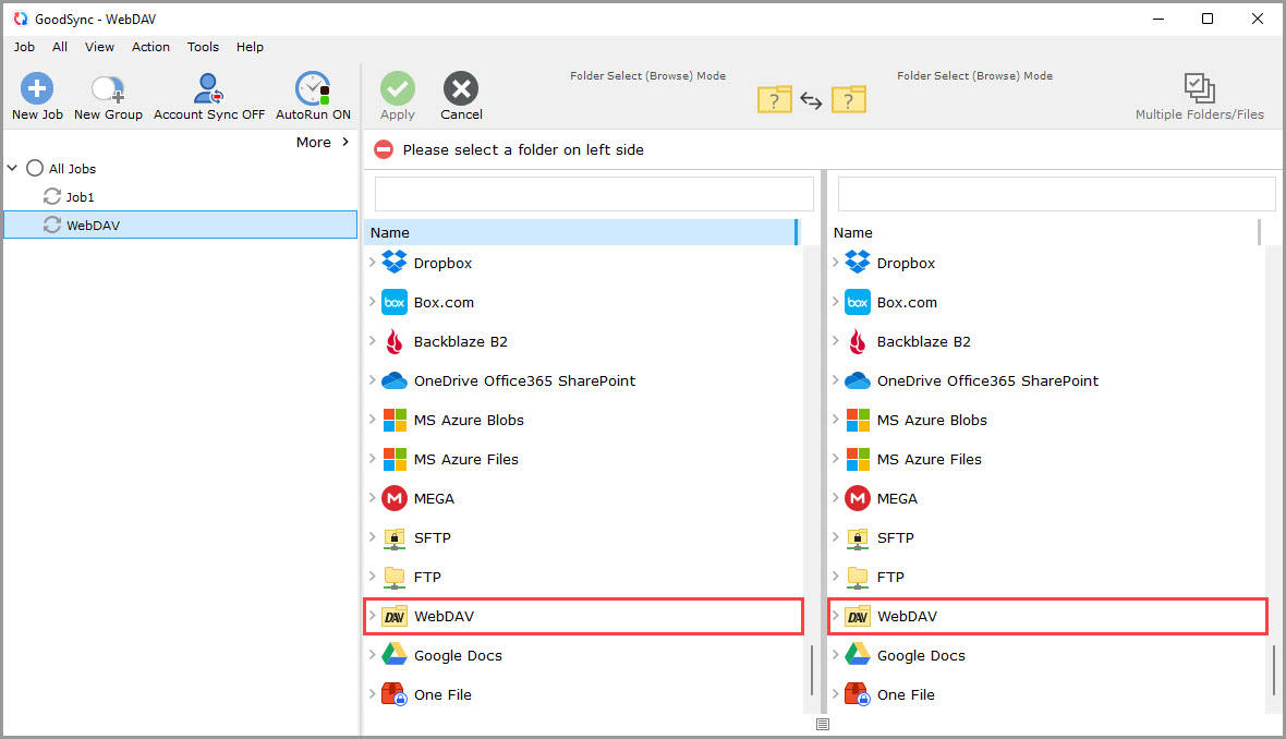 Screenshot of the GoodSync window illustrating how to select the WebDAV file system