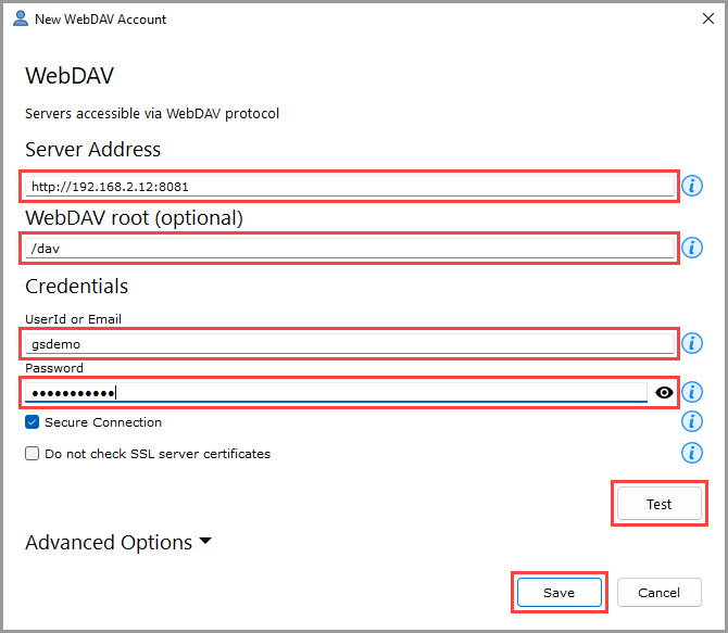 Screenshot demonstrating how to enter the server name, home folder, and credentials for accessing a WebDAV server