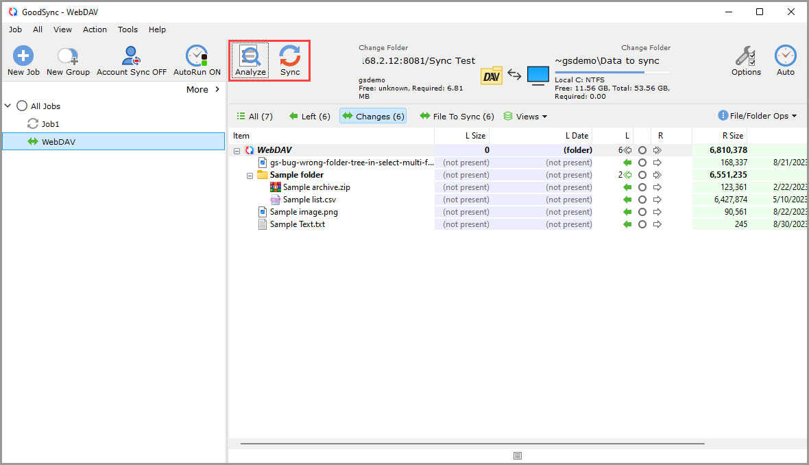 Screenshot demonstrating that a new GoodSync job with a WebDAV server is ready to Analyze and Sync