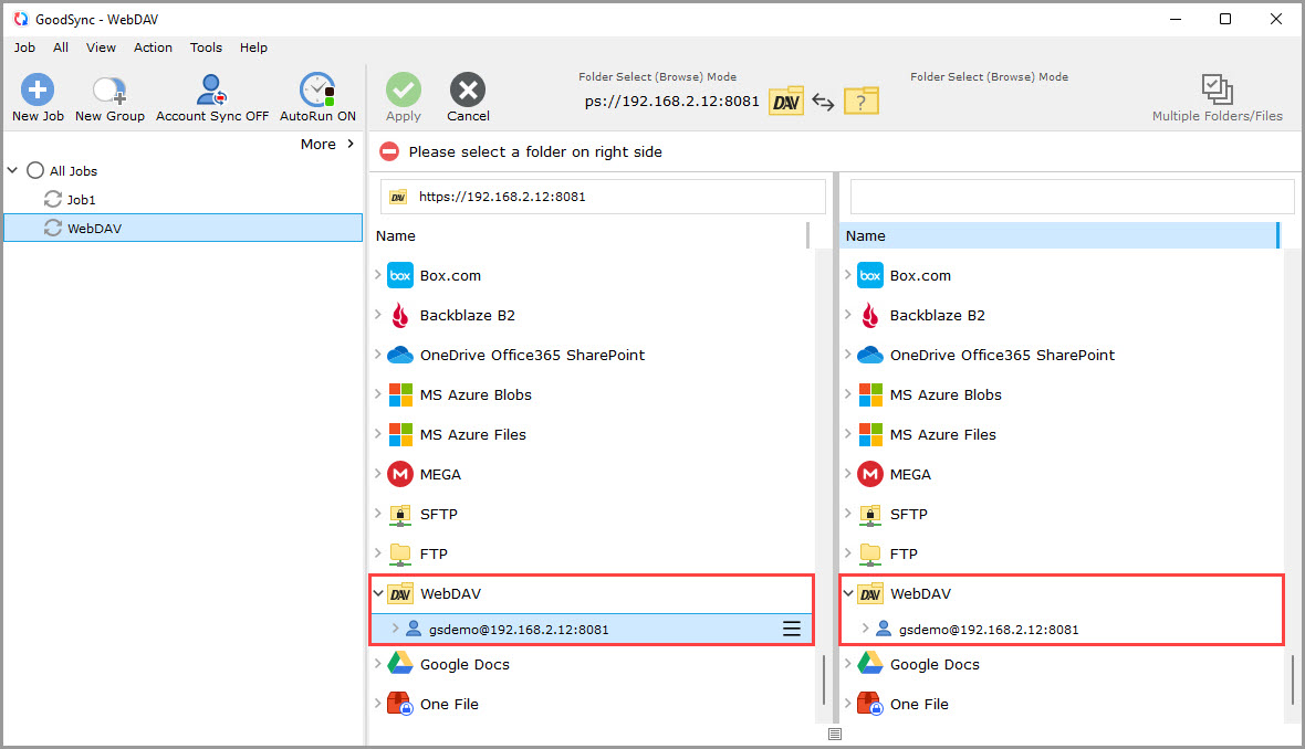 Screenshot displaying the contents of a WebDAV server account in the GoodSync browse dialog