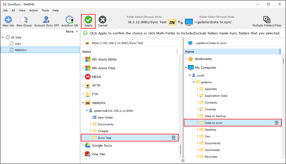 Showing how to select the left and right sync folders in a GoodSync job using the WebDAV file system