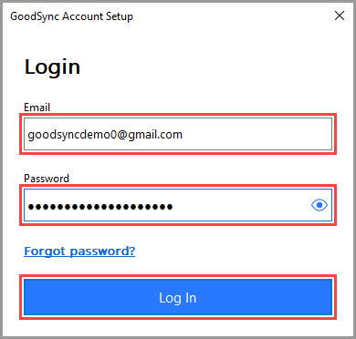 Screenshot of user account credentials being entered into a GoodSync login prompt