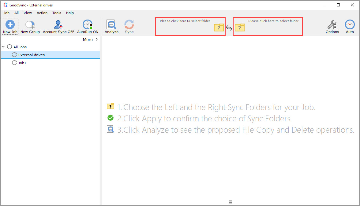 Screenshot of the GoodSync window illustrating how to enter browse mode for sync folder selection