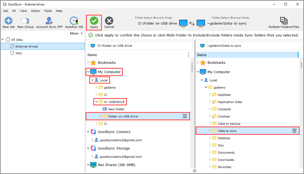 Screenshot demonstrating how to set the left and right folders in a GoodSync job for syncing with an external drive