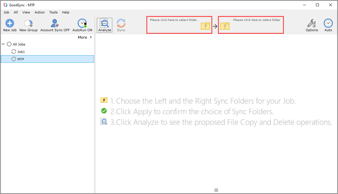 Screenshot of the GoodSync window illustrating how to enter browse mode for sync folder selection