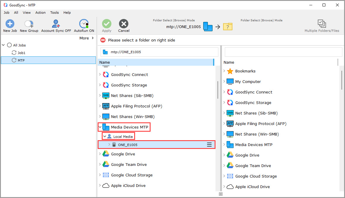 Screenshot of the GoodSync window demonstrating how to select an MTP device while in browse mode