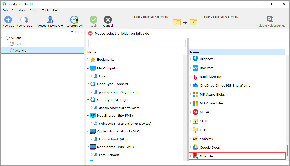 Screenshot showing how to select the One File file system for the destination side to back up and encrypt files