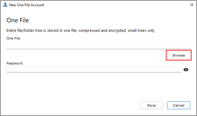 Screenshot displaying the dialog for adding a new One File prompting to select a folder and file name and specify a password