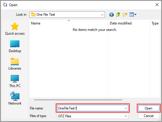 Screenshot of the Open dialog demonstrating how to specify a file name to create a new One File  
