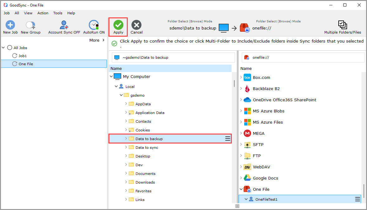 Screenshot of the GoodSync window showing how to select the source folder for syncing with One File