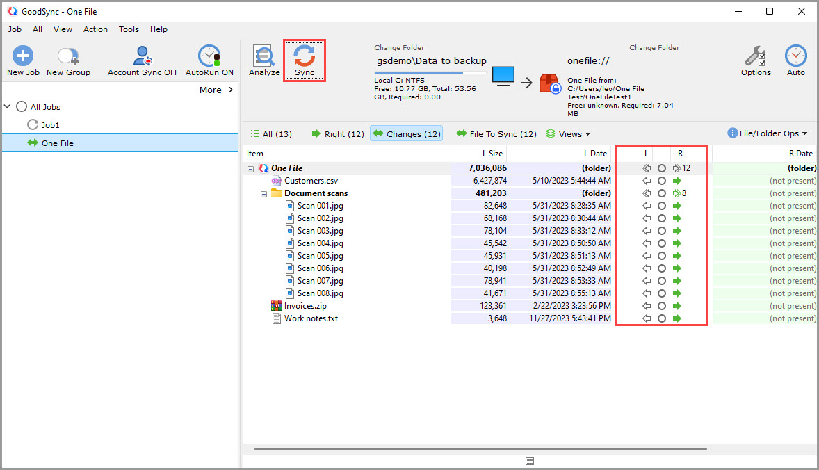 Screenshot demonstrating that a job with One File is ready to Analyze and Sync