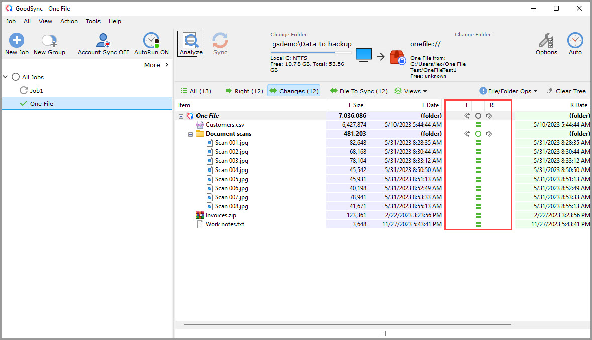 Screenshot demonstrating that the source files have been converted to the One File format upon the sync