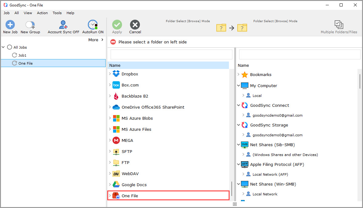 Screenshot showing how to select the One File file system for the source side to decrypt and decompress files