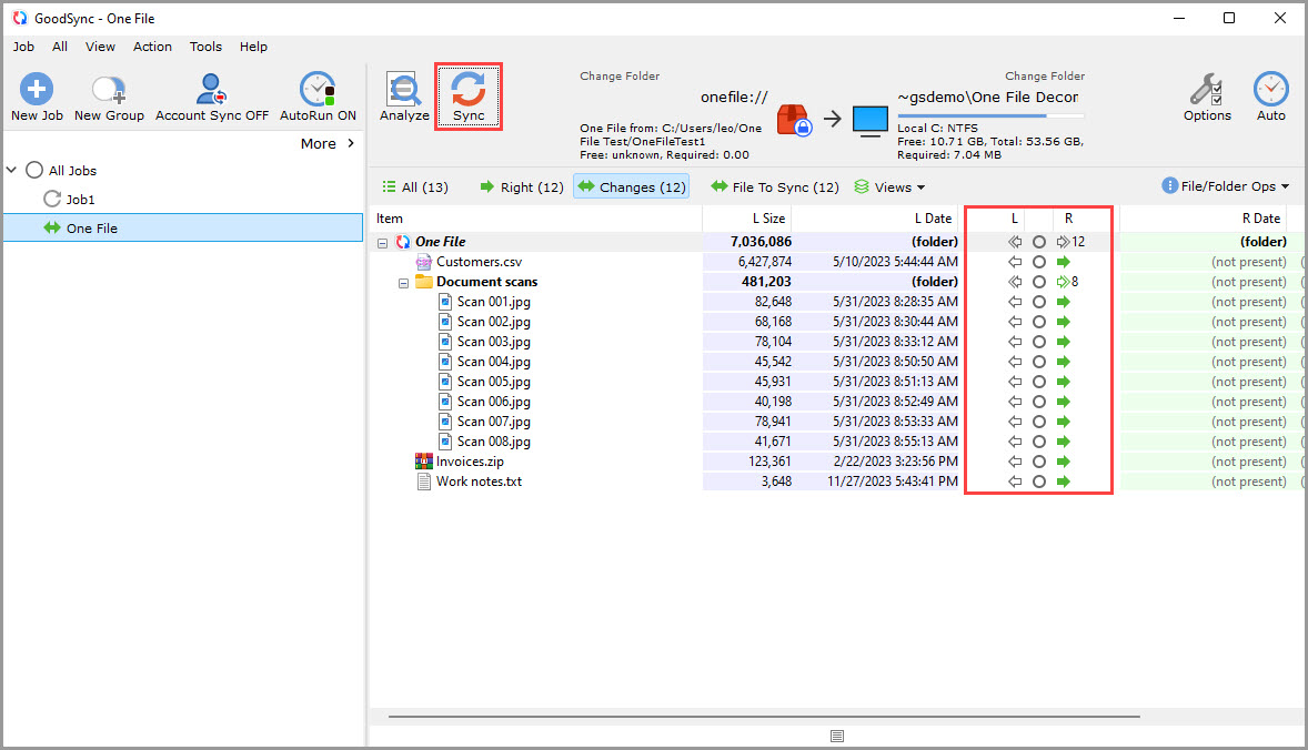 Screenshot demonstrating that a decompressing and decrypting job with One File is ready to Analyze and Sync