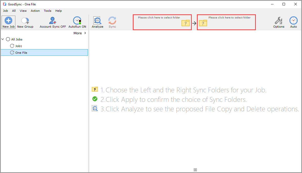 Screenshot of the GoodSync window illustrating how to enter browse mode for sync folder selection