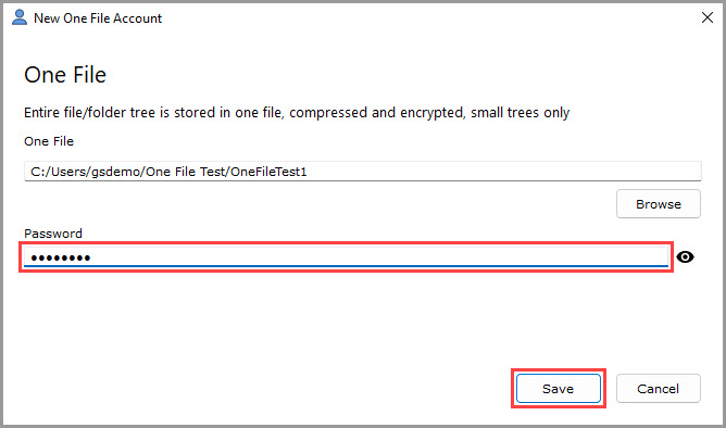 Screenshot showing how to specify an encryption password for a new One File