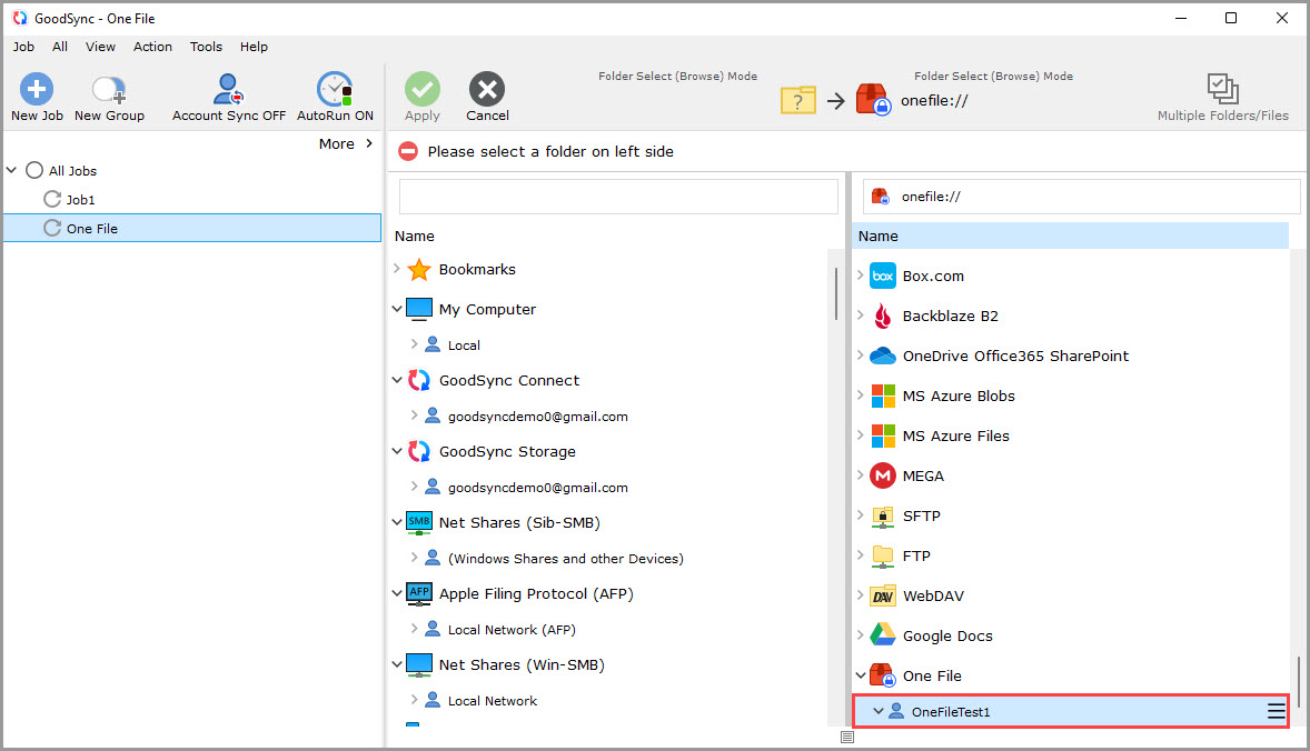 Screenshot displaying the contents of a newly created One File in the GoodSync browse dialog