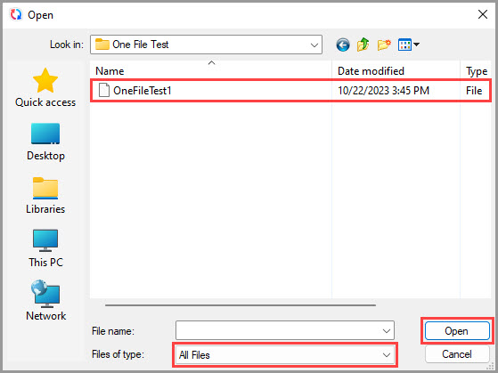 Screenshot of the Open dialog illustrating how to select and existing One File 