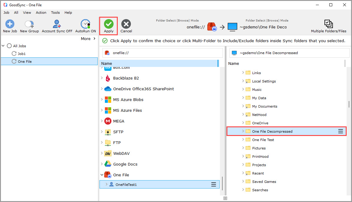 Screenshot of the GoodSync window showing how to select the destination folder for decrypting and decompressing a One File