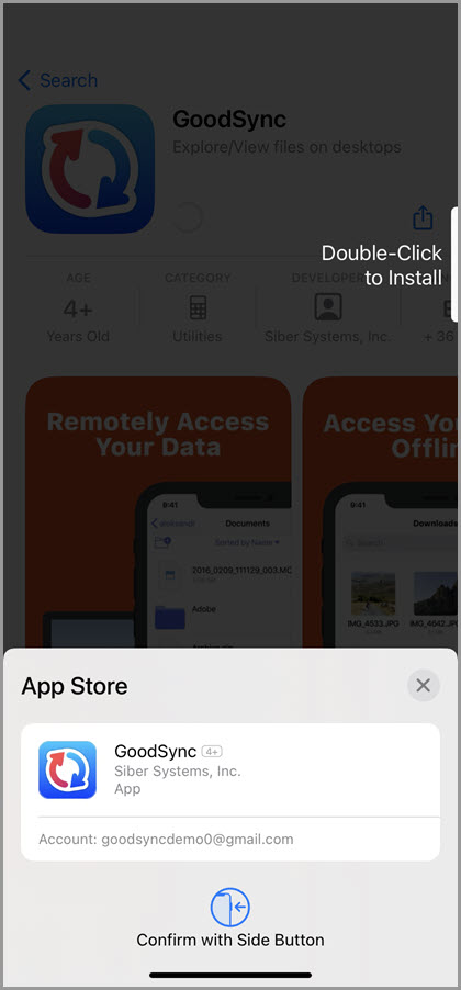 Screenshot of the iOS App Store showing how to confirm the installation of the GoodSync for iOS app