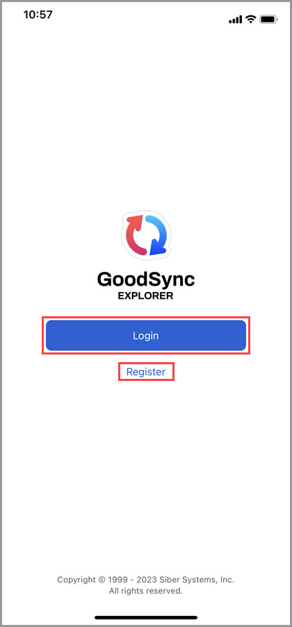 Screenshot of GoodSync for iOS displaying the welcome screen with the options to log in or register