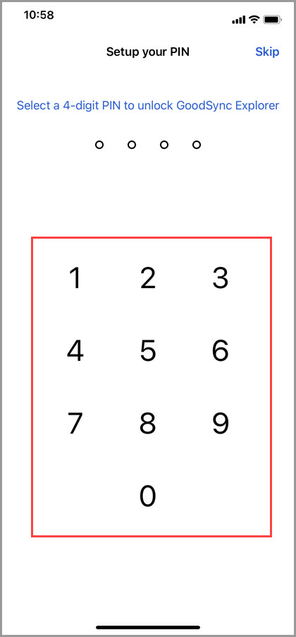 Screenshot of GoodSync for iOS showing how to set a PIN for unlocking the app