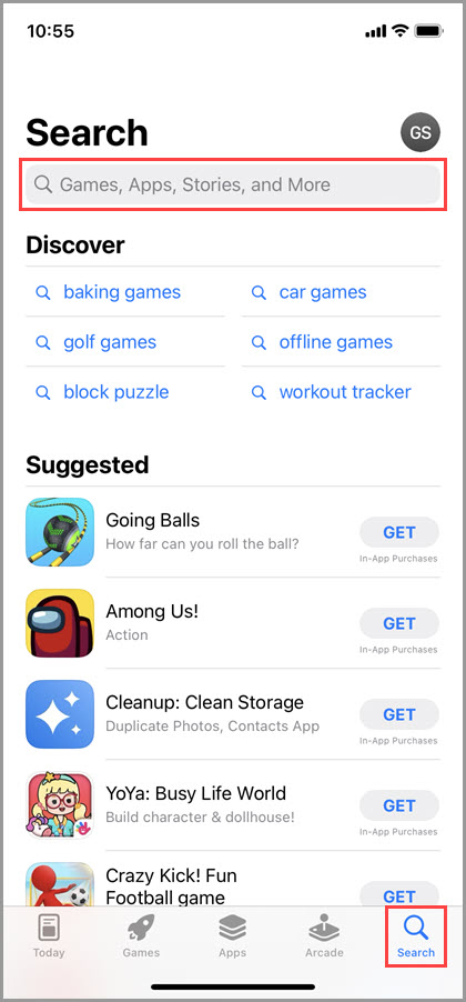 Screenshot of the iOS App Store demonstrating how to access the app search function