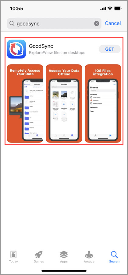 Screenshot of the iOS App Store showing how to find the GoodSync for iOS app and open its page