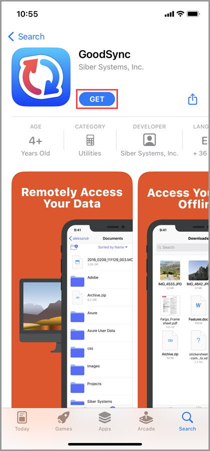 Screenshot of the iOS App Store showing how to tap the 'Get' button to install the GoodSync for iOS app