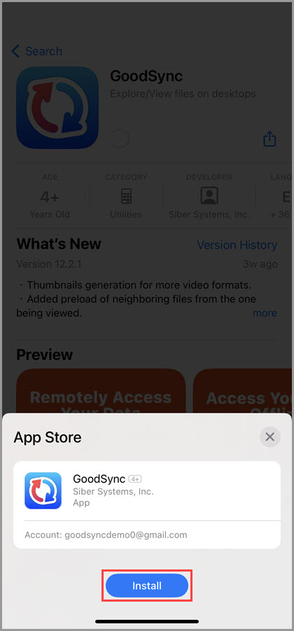 Screenshot of the iOS App Store showing how to tap the 'Install' button to begin the installation of GoodSync for iOS