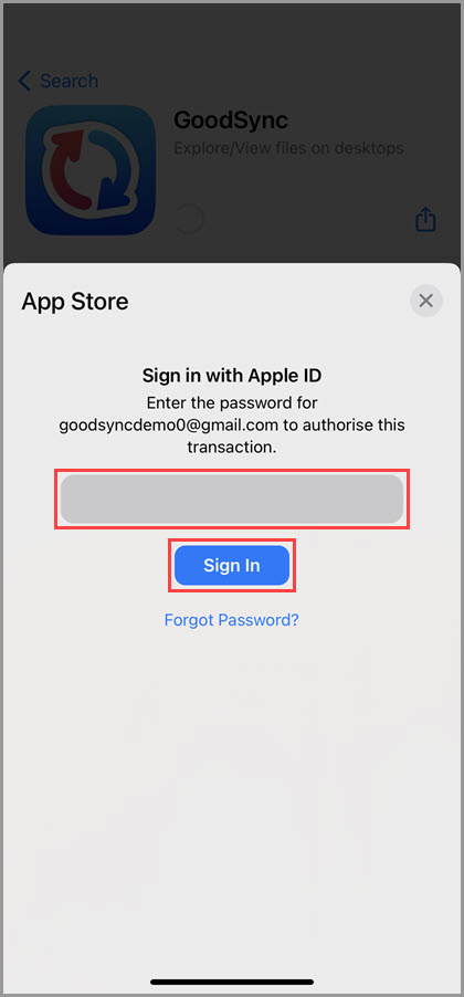 Screenshot of the iOS App Store demonstrating how to input the password to sign in with an Apple ID