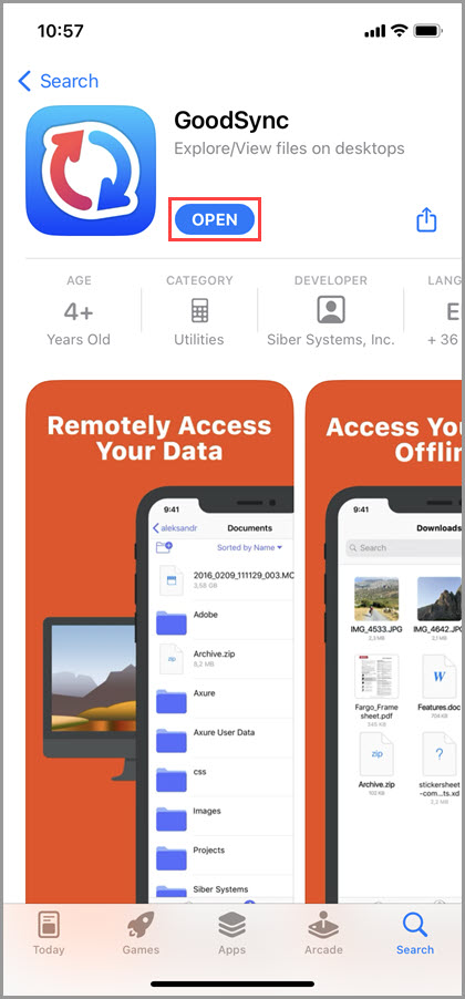 Screenshot of the iOS App Store illustrating how to open GoodSync for iOS upon the completed installation